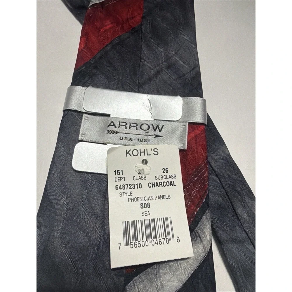 Arrow USA 1851 Mens Silk Necktie Charcoal Red Phoenician Panels 64872310